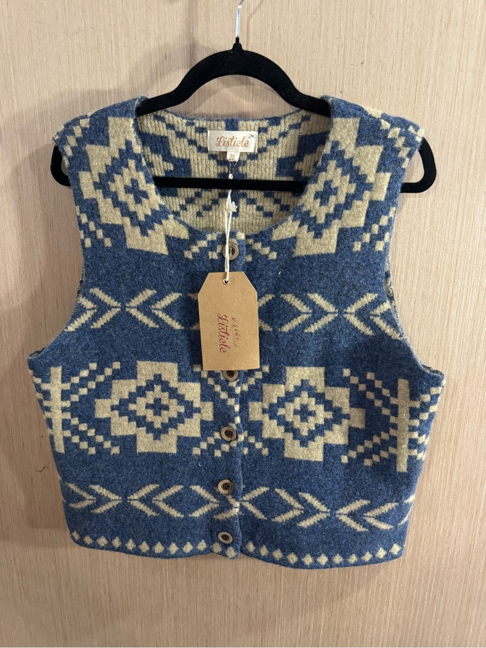 Listicle Blue & Cream Geometric Knit  Button-Front Vest Size Medium NWT